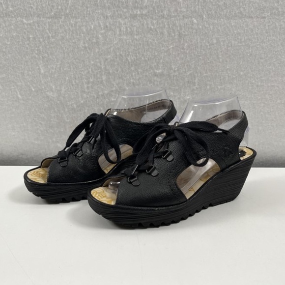 Fly London Ylfa Black Leather Lace Up Wedge Sandals Size 38 US 7.5/8 - Picture 1 of 9